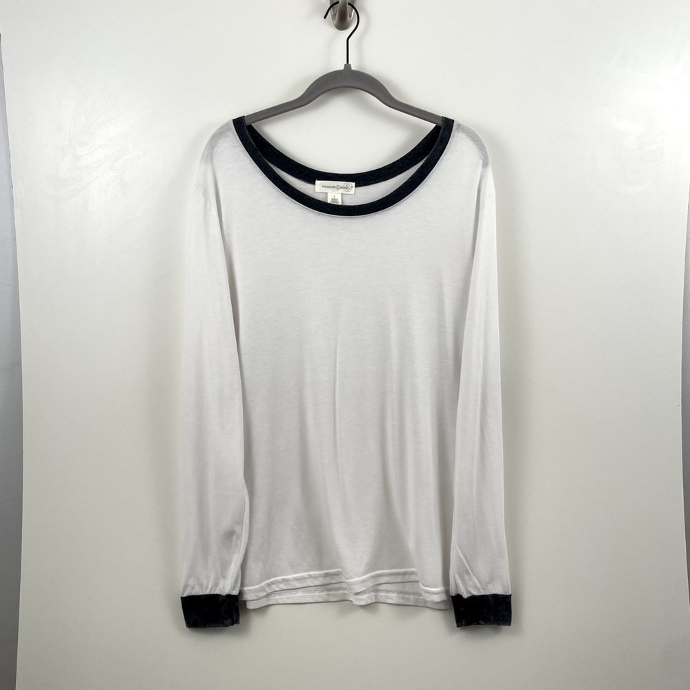 Treasure & Bond Womens T Shirt Pullover White Large Polyester Rayon Gray Trim